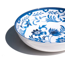 Load image into Gallery viewer, White melamine serving bowl with a blue floral interior design, displayed on a white background.