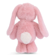 Load image into Gallery viewer, Back view of Jumpy Bunny soft pink plushie with long floppy ears and white round fluffy tail displayed on a white background.