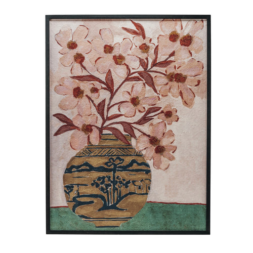 Wooden framed picture pink flowers in a vase on a white background.
