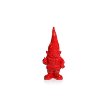 Load image into Gallery viewer, Small glossy red gnome figurine with a tall pointed hat, beard, and belt detail, playfully holding up a middle finger, displayed against a white background.  