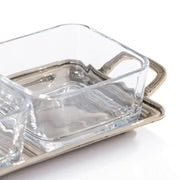 Load image into Gallery viewer, Close-up of a rectangular metal condiment tray with a square glass bowl, showing one of the side handles against a light background.  