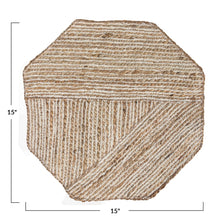 Load image into Gallery viewer, Hexagonal cotton jute placemat with 15&quot; x 15&quot; dimensions on a white background.