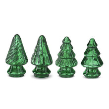 Load image into Gallery viewer, Mercury Glass Holiday Trees Set, four green mercury glass trees arranged in a row, featuring a spiral-textured cone, a vertically textured cone, a ribbed four-tier tree, and a smooth faceted three-tier tree, each on a rounded pedestal base against a white background.