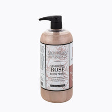 Load image into Gallery viewer, Charcoal rose body wash in a clear pump bottle with a black dispenser, displayed on a white background.