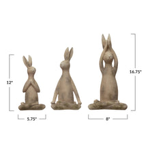 Load image into Gallery viewer, A set of white antique- colored resin rabbits sitting in different  yoga poses, against a white background, with the smallest rabbit&#39;s dimensions 12&quot; x5.75&quot; and the tallest 16.75&quot; x 8&quot;.