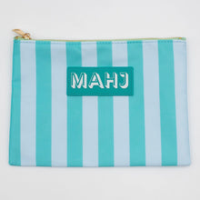 Load image into Gallery viewer, Teal and light blue striped Mahjong accessory bag with a gold zipper and a teal patch with "MAHJ" on it, displayed on a white surface.