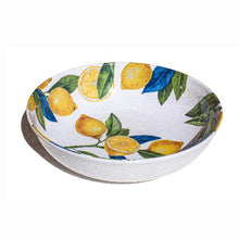 Load image into Gallery viewer, White melamine serving bowl with a yellow lemon and green leaf pattern interior, displayed on a white background.  