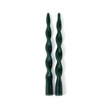 Load image into Gallery viewer, Set of two 12-inch alpine green twist candles against a white background. 