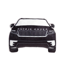 Load image into Gallery viewer, Black SUV-shaped plush dog toy with white detailing and "RUFFIN ROVER" in white text on a white background. 