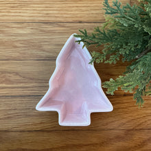 Load image into Gallery viewer, White stoneware tree-shaped bowl on a wooden surface with greenery on the right side.