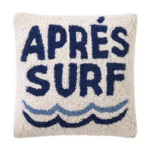 Load image into Gallery viewer, Square hooked wool throw pillow with "APRES SURF" in navy lettering and wave designs on a off-white background, shown on a white background. 