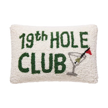 Load image into Gallery viewer, White hooked accent pillow with green "19th Hole Club" text and a martini glass with a red flagstick on a white background. 