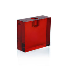 Load image into Gallery viewer, Single red rectangular shaped crystal glass taper candle holder displayed against a white background. 