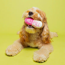 Load image into Gallery viewer, Fluffy golden-colored dog lying on a yellow background with a pink-and-white capsule-shaped plush dog toy with the text "CHILL PILL 100 mg" in white and pink text. 