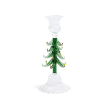 Load image into Gallery viewer, Single clear and green glass taper candle holder shaped like a Christmas tree with layered curled glass branches and tiny red and yellow accents, displayed against a white background. 