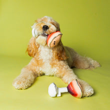 Load image into Gallery viewer, Dog lying on a yellow-green background holding a plush martini-shaped dog toy in its mouth, with a matching plush toy in front. 