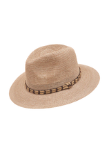 Load image into Gallery viewer, A sun hat colored in a natural brown color , and a cream and brown colored band . On a black and gray checkered background.