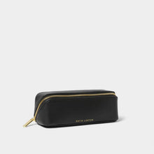 Load image into Gallery viewer, A black makeup bag with a gold zipper, displayed against a white background.