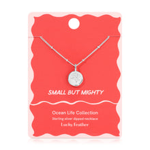 Load image into Gallery viewer, Sterling silver-dipped necklace featuring a small coral branch charm pendant and a chain with delicate beaded accents, displayed on a pink &quot;Small but Mighty&quot; Ocean Life Collection card by Lucky Feather with a white wavy border against a white background. 