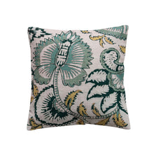 Load image into Gallery viewer, Cotton Botanical Pillow, slubbed large square cotton throw pillow with botanical pattern in shades of teal, mustard, and deep green, on white background.