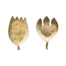 Load image into Gallery viewer, Brass Flower Dish, ribbed tulip-shaped and smooth leaf-shaped dishes displayed side by side against white background. 