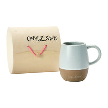 Load image into Gallery viewer, teal grey mug inscribed with &quot;Cup of love&quot; including wooden box