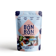 Load image into Gallery viewer, C'est Bon Bon Sweet Mix gummies pouch with light blue packaging and assorted candies visible through window on a white background.