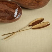 Polished gold serving set with two long-handled oval spoons, displayed on a light beige surface with glossy wooden bowls partially visible in the background. 