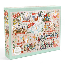 Load image into Gallery viewer, Boxed 12 Days of Christmas 1000 piece jigsaw puzzle featuring illustrated scenes for all twelve days in colorful vintage-style artwork, displayed on a white background. 