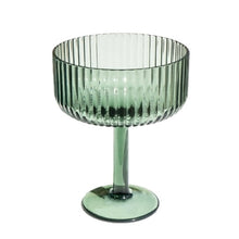 Load image into Gallery viewer, Sage green coupe glass with pronounced vertical ribbing and clear stem, displayed on a white background.  