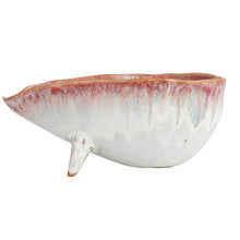 Load image into Gallery viewer, Side view of red and white ceramic glazed bowl with feet  on a white background. 
