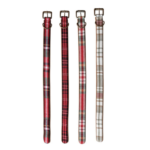 Four plaid flannel leashes, each with a varying green and red plaid pattern. White background. 