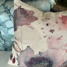 Load image into Gallery viewer, Abstract Printed Pillow, square textured fabric pillow with dusty pink and plum watercolor pattern and subtle silver metallic details, styled with layered pillows in the background. 
