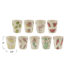 Load image into Gallery viewer, Set of small ceramic cups with various designs with measurements  on a white background.