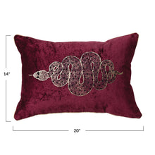 Load image into Gallery viewer, Beaded Snake Lumbar Pillow, burgundy cotton velvet lumbar pillow with printed and beaded gold snake design and gold piping along edges with dimension graphic, on a white background. 