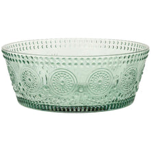 Load image into Gallery viewer, Green glass bowl with a decorative embossed  pattern on a white background.