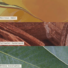 Load image into Gallery viewer, Three different wood samples labeled &#39;Resinous Amber&#39;, &#39;Saltwater Sandalwood&#39;, and &#39;Breezy Eucalyptus&#39; on a dark background.