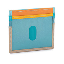 Load image into Gallery viewer, A credit card holder in blue, cream, orange, and yellow colors, on a white background.