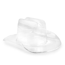 Load image into Gallery viewer, Clear cowboy hat-shaped bowl with a wide curved brim and a creased crown displayed on a white background. 