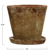Load image into Gallery viewer, A brown distressed cement planter with a saucer, showing measurements 9.25&quot; x 9.5&quot; , on a white background.