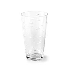 Load image into Gallery viewer, Clear highball glass with subtle embossed fish details on a white background. 