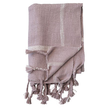 Load image into Gallery viewer, Woven Cotton Slub Throw w/ Grid Pattern &amp; Braided Fringe, Lilac Color &amp; White
