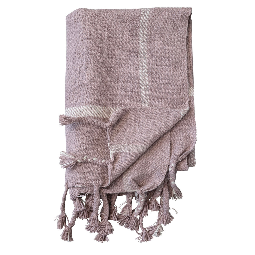 Woven Cotton Slub Throw w/ Grid Pattern & Braided Fringe, Lilac Color & White