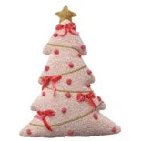Load image into Gallery viewer, Embroidered Pink Tree Pillow,  cream Christmas tree-shaped pillow decorated with pink bows, pink soft round ornaments, gold garland, and a gold star topper against a white background. 