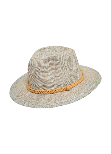 A natural green colored sun hat with a tan braided band, on a black and gray checkered background.