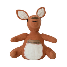 Load image into Gallery viewer, Brown plush kangaroo with a red stitched front white pocket. Brown patch above the pouch with &quot;Tooth Fairy Pillow&quot; in black text. On a white background.