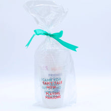 Load image into Gallery viewer, Set of frosted Mahjong-themed cups wrapped in clear cellophane and tied with a teal ribbon, with colorful printed sayings visible through the packaging, displayed on a white background. 
