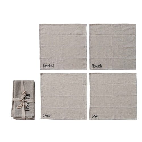 Cotton & Linen Napkin w/ Embroidered Words | Set of 4