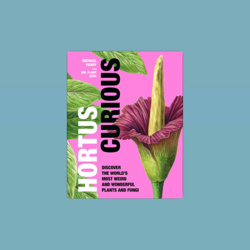 Book cover of Hortus Curious by Michael Perry aka Mr. Plant Geek featuring a large purple and green exotic flower against a bright pink background with green leaves and bold white and black lettering. Book displayed against a light blue background.   