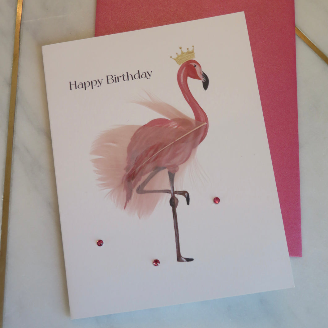 Birthday card with a pink flamingo  and 